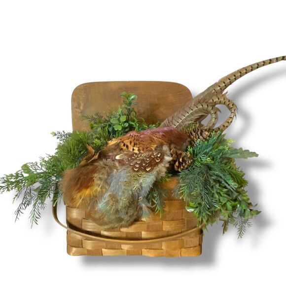 Pheasant Basket Pine Floral Decor Arrangement Holiday Festive - Picture 1 of 7
